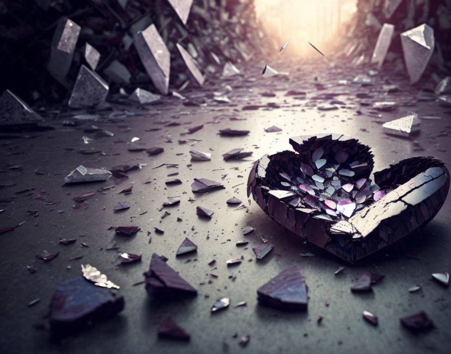 Shattered glass heart on dark surface with scattered shards