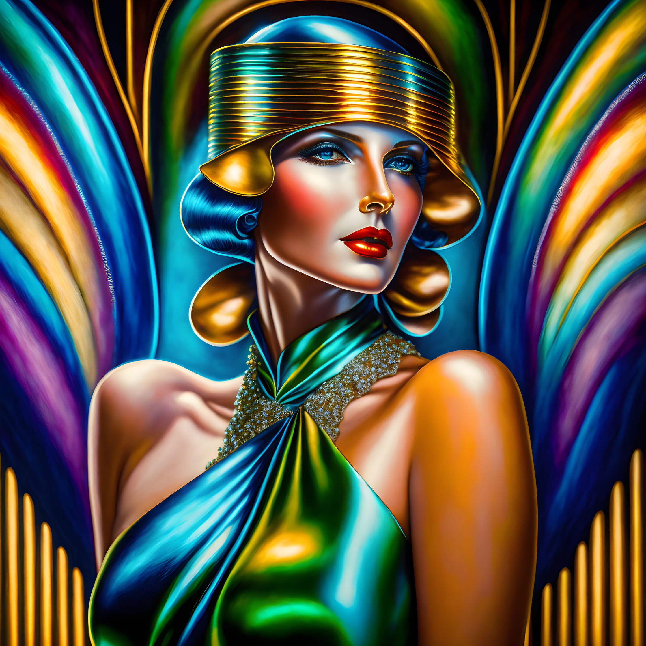 Colorful digital artwork: Woman in 1920s fashion with metallic hat and shiny gown