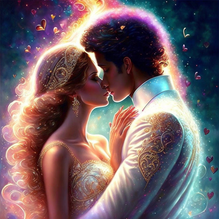 Romantic couple illustration with glowing hearts and starry aura