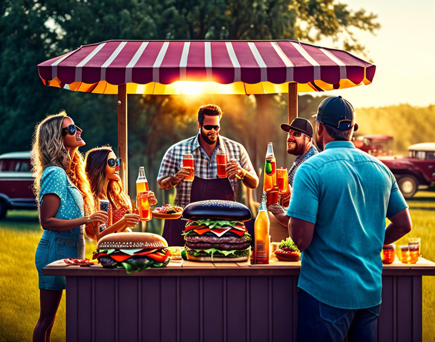 Friends eating burgers and drinks at outdoor food stand at sunset