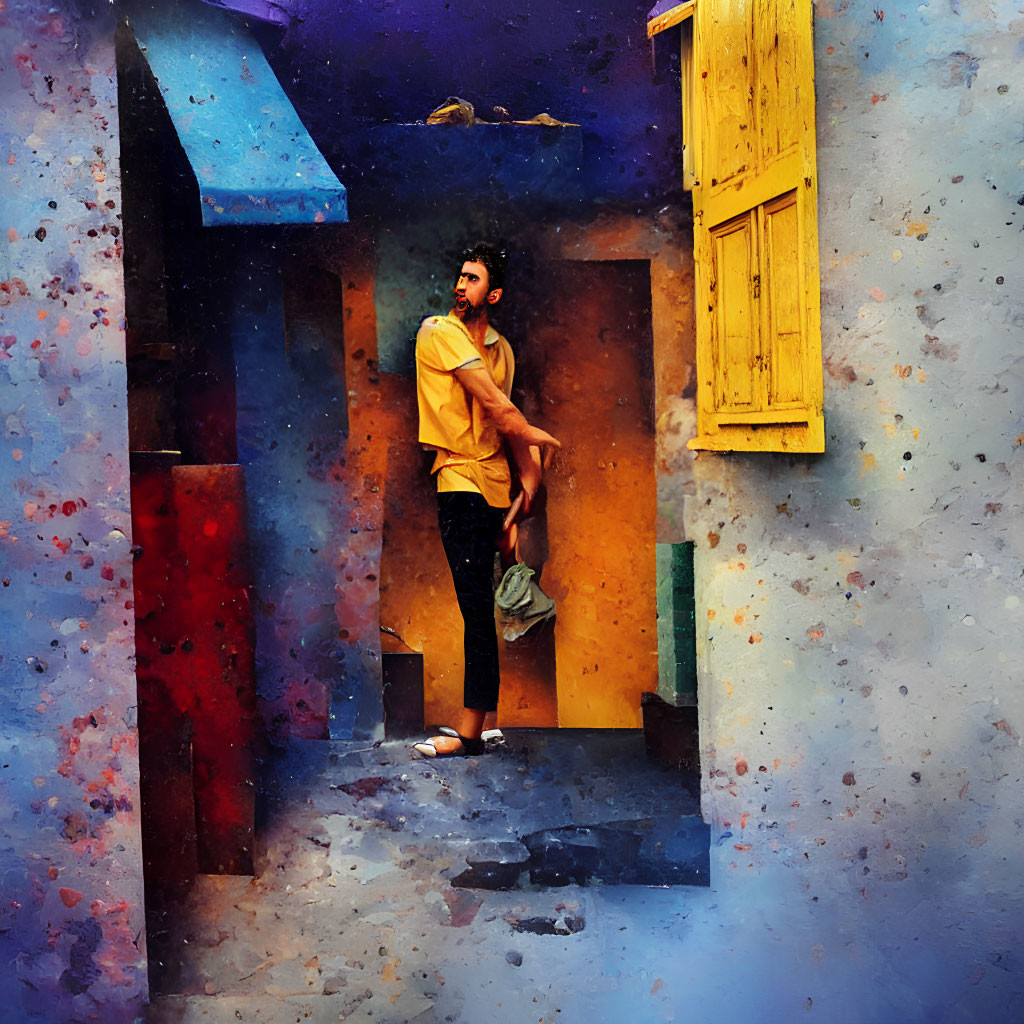 Man in Yellow Shirt Standing in Colorful Doorway