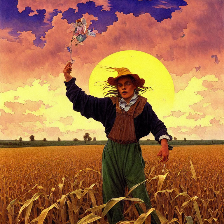 Person in straw hat standing in wheat field with bouquet under setting sun