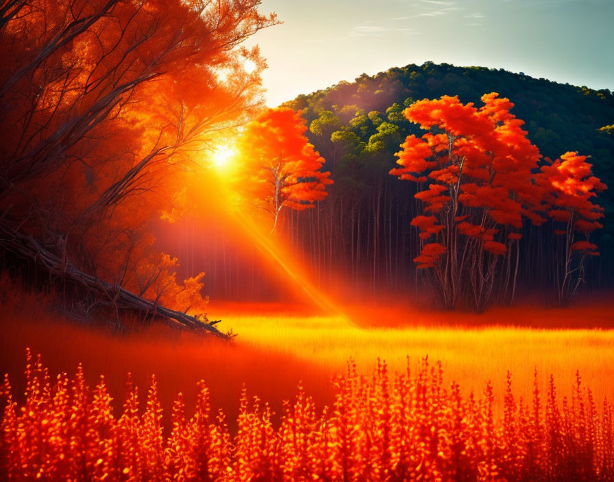 Vibrant autumn forest with golden sunset rays and glowing wildflowers