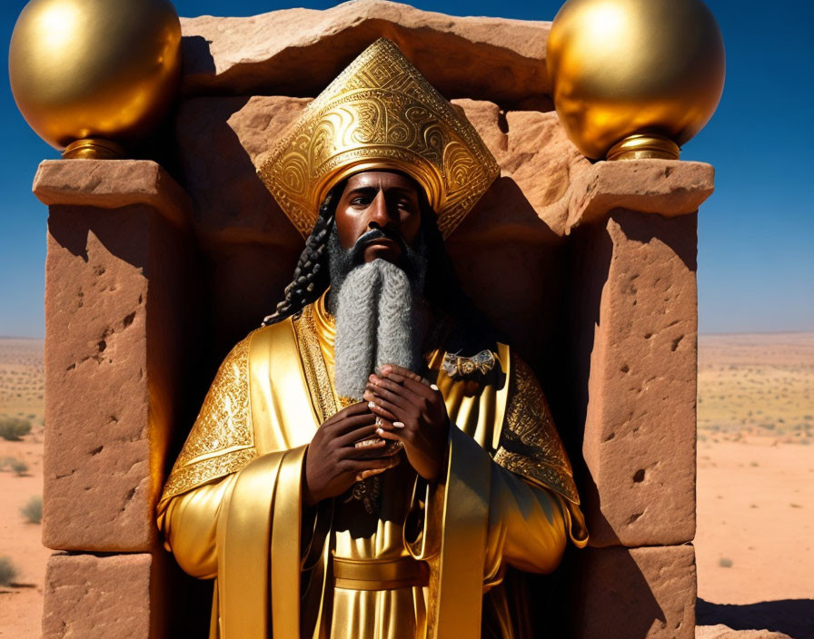 Man in King Costume with Golden Regalia in Desert Setting