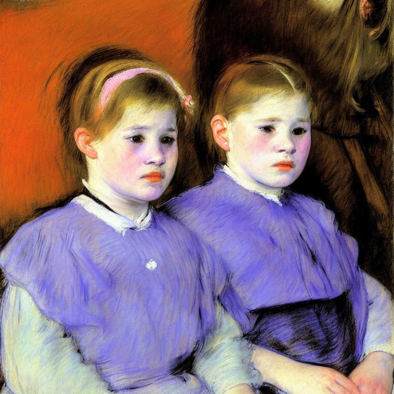 Two young girls in matching purple dresses with solemn expressions