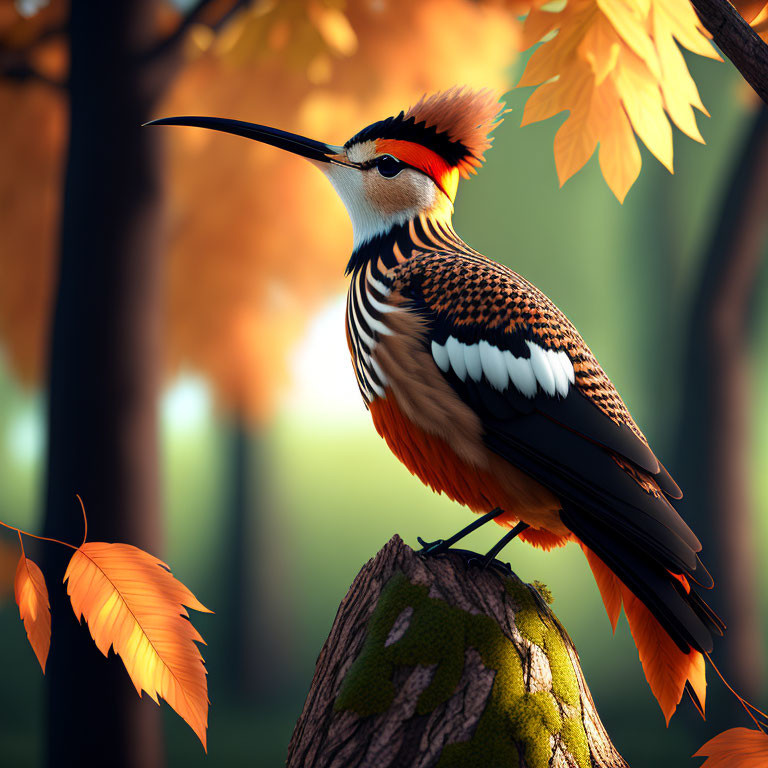 Colorful Woodpecker on Autumn Tree Stump in Sunlit Forest