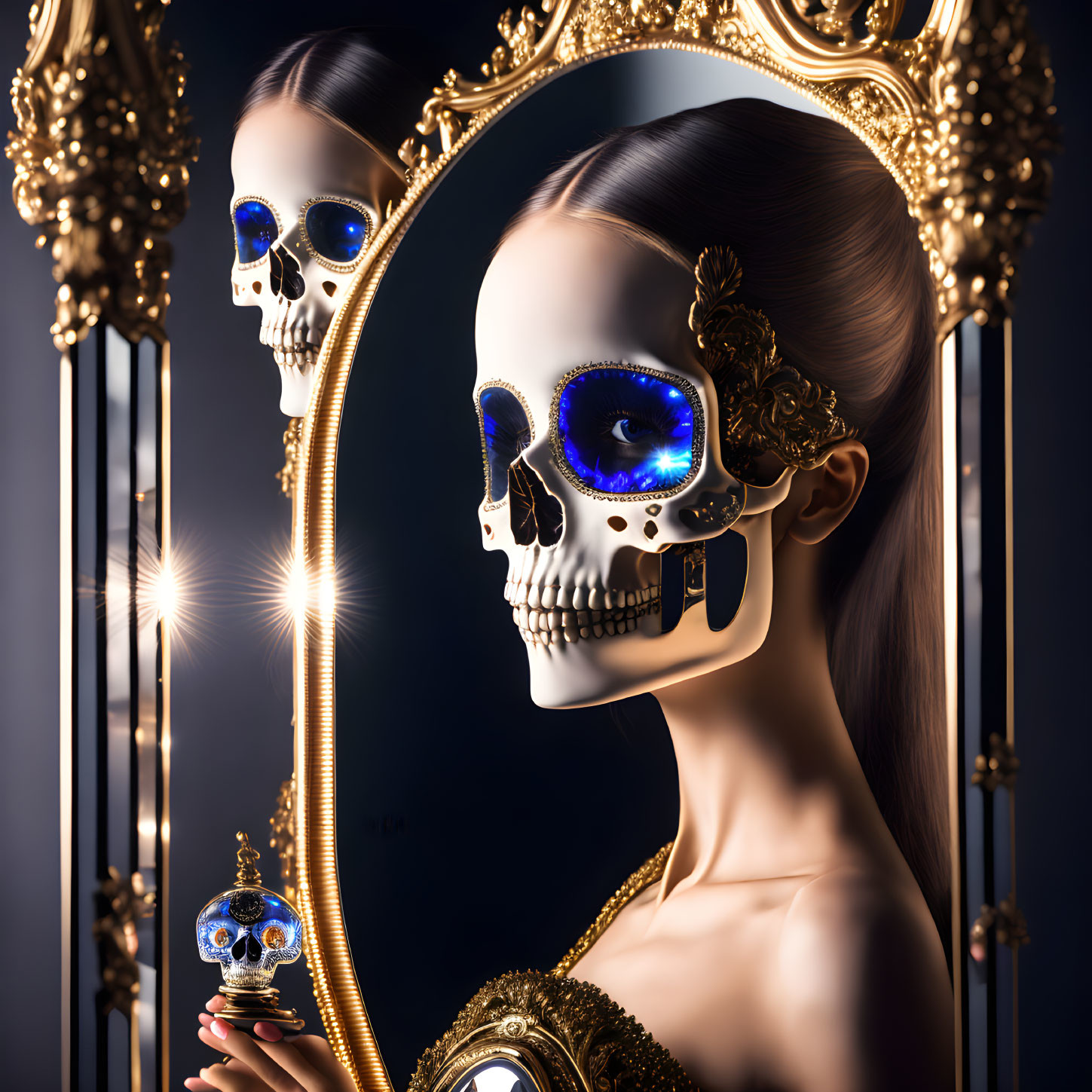 Surreal woman with skull face in baroque mirror holding ornate object