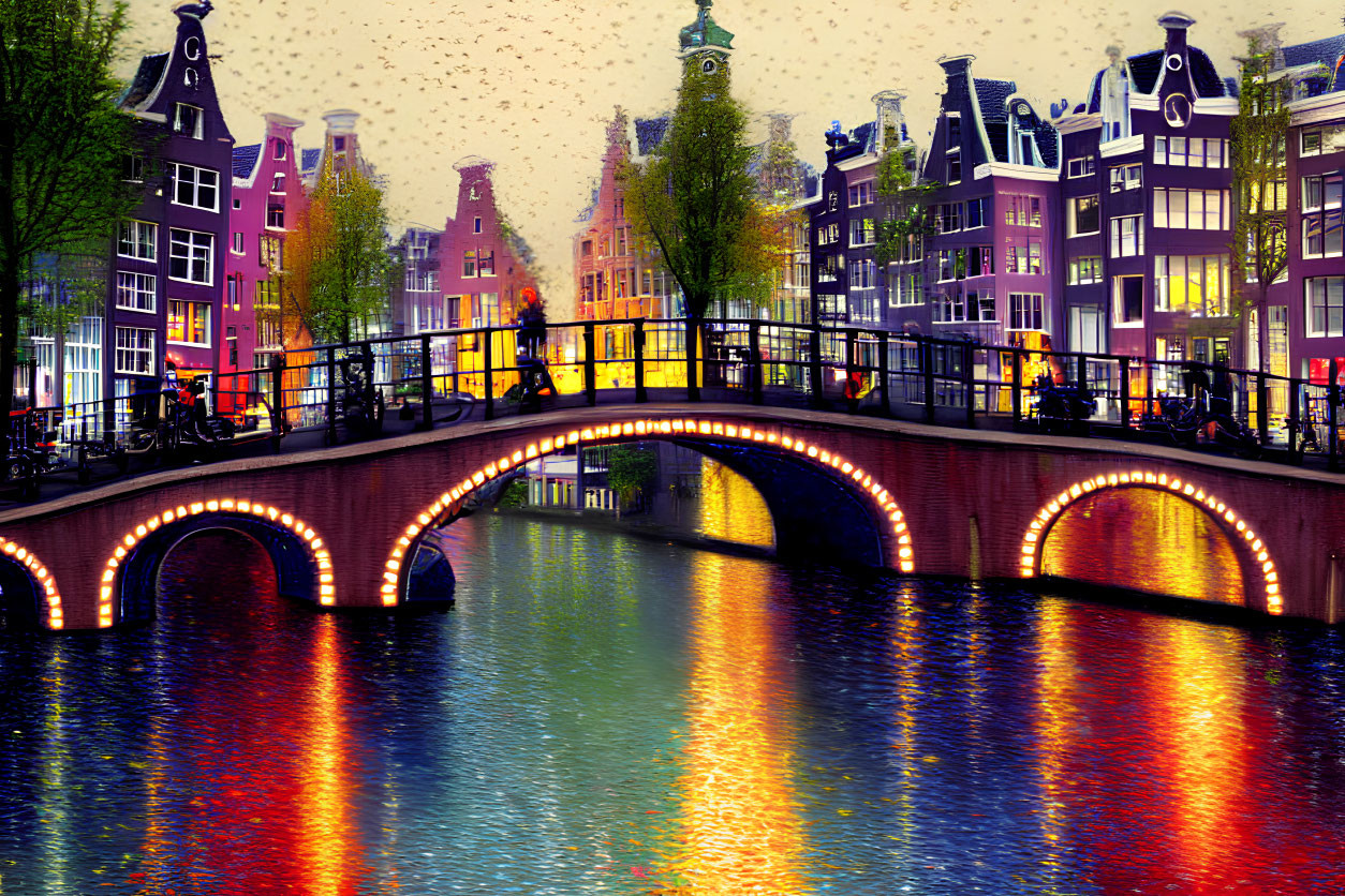 Illuminated Bridge Over Canal: Amsterdam Evening View