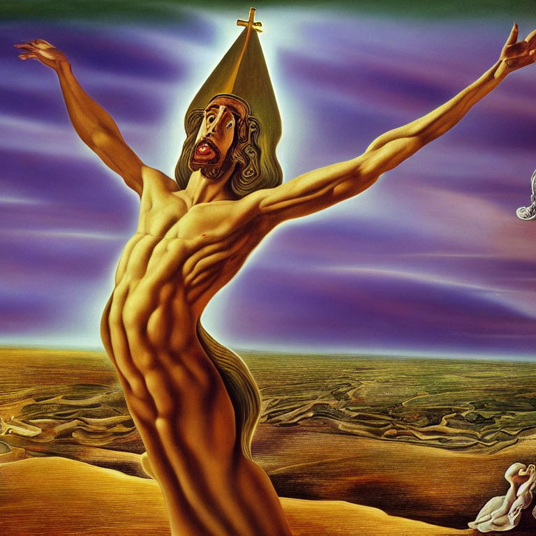 Muscular figure in bishop's mitre against surreal landscape