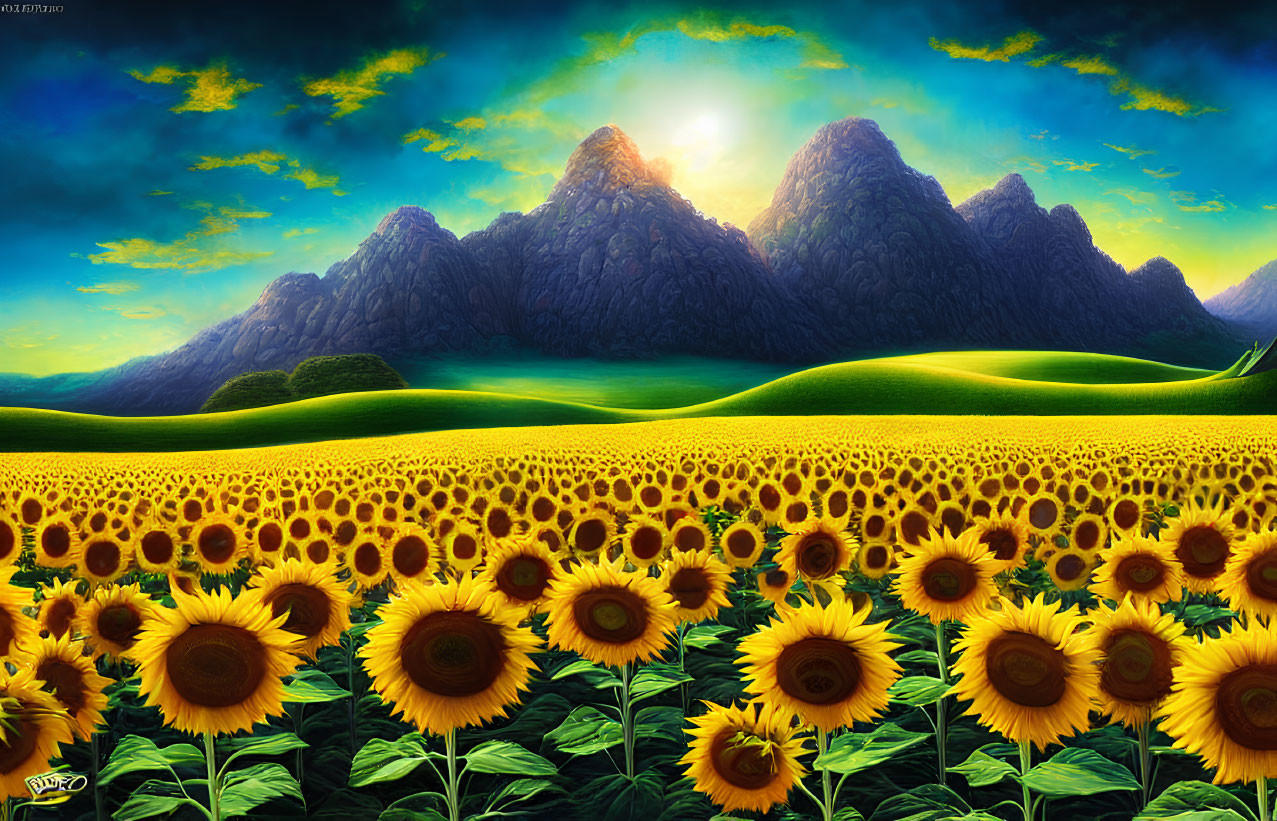 Scenic landscape with sunflower field and majestic mountains