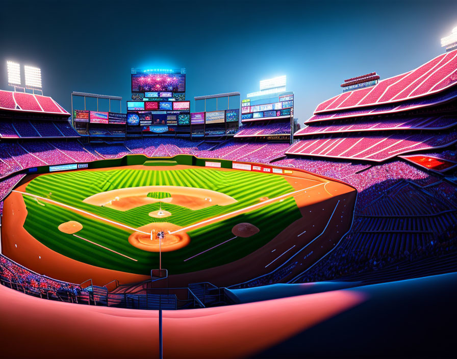 Detailed baseball stadium illustration with spectators, diamond, field, and evening lights.