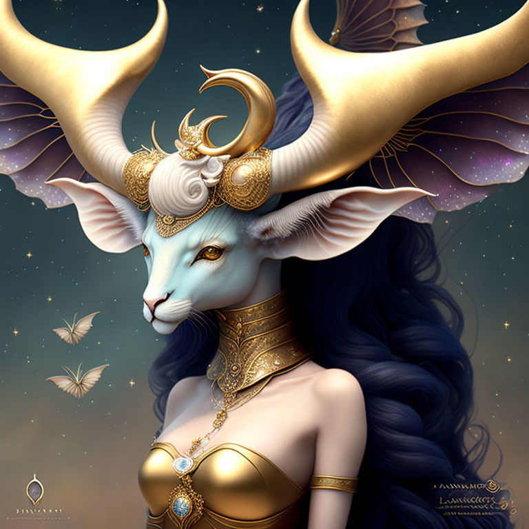 Majestic fantasy creature with golden horns and dark hair