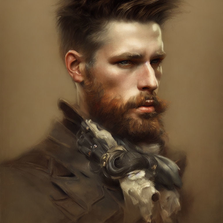 Intense man portrait with beard and steampunk glove