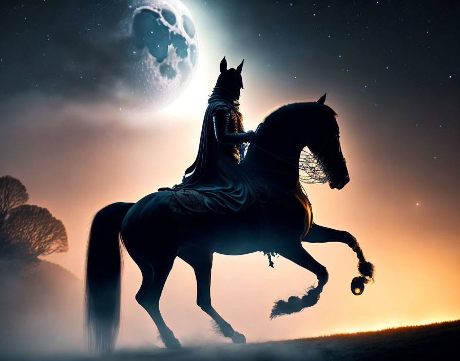 Silhouette of horse rider under full moon and stars in mystical scene