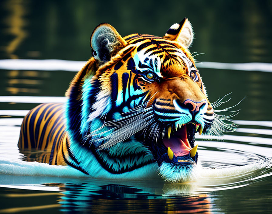 Colorful Tiger with Blue Stripes Swimming in Water Showing Sharp Teeth