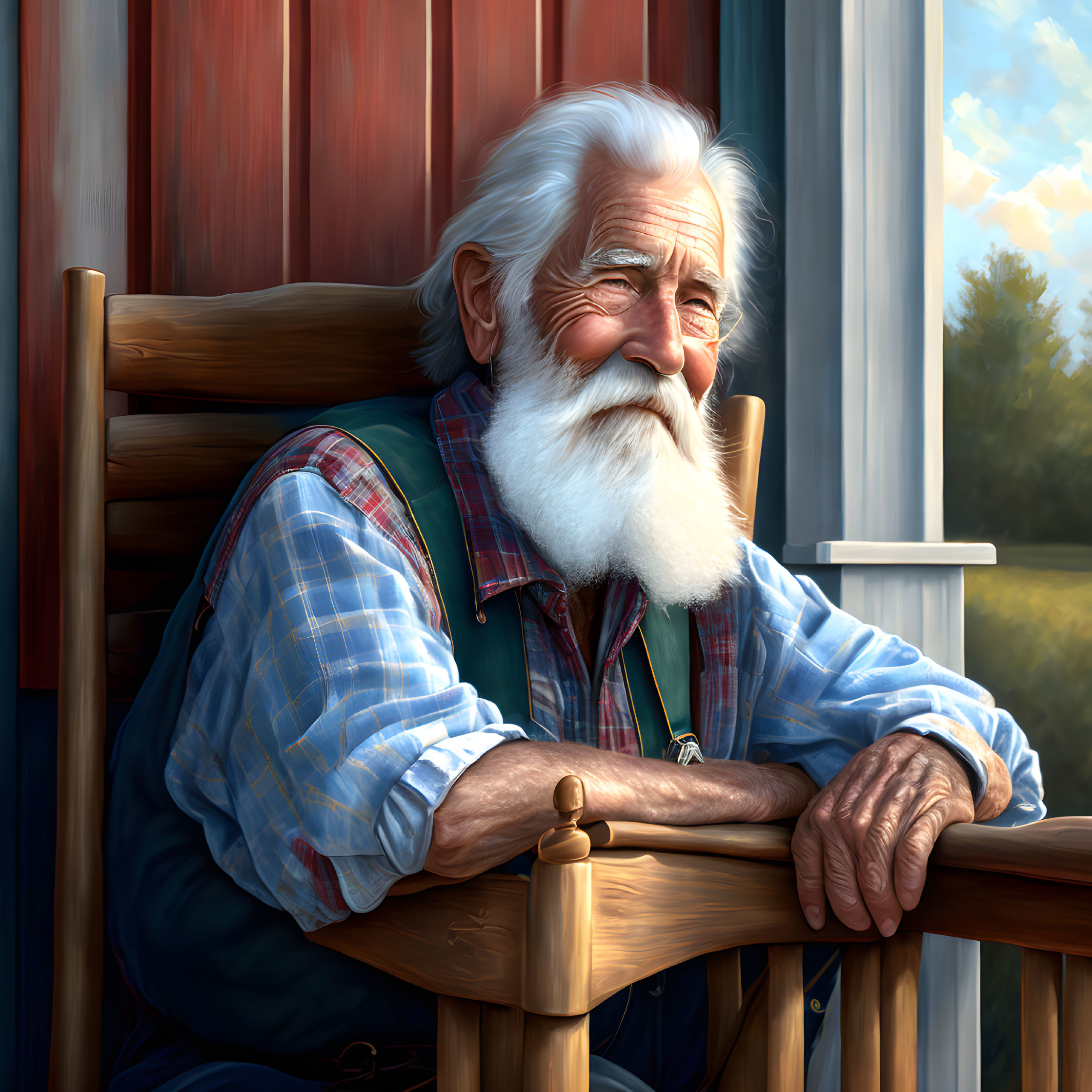 Elderly man with white beard smiling on wooden rocking chair