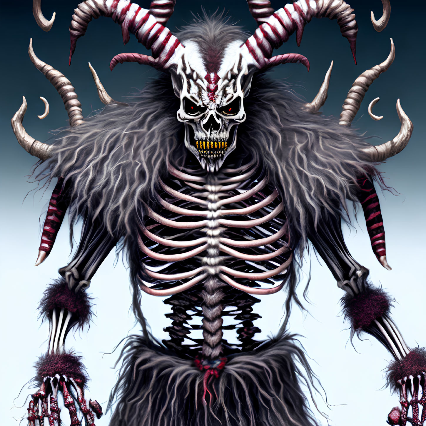 Fantastical creature with striped horns, skeletal torso, and fur.