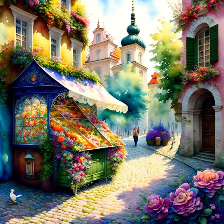 Colorful flower stalls, quaint kiosk, historical buildings on cobblestone street