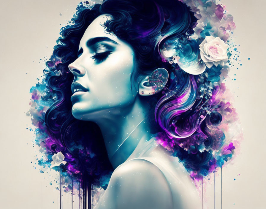 Surreal portrait of woman with purple hair and white rose on vibrant backdrop