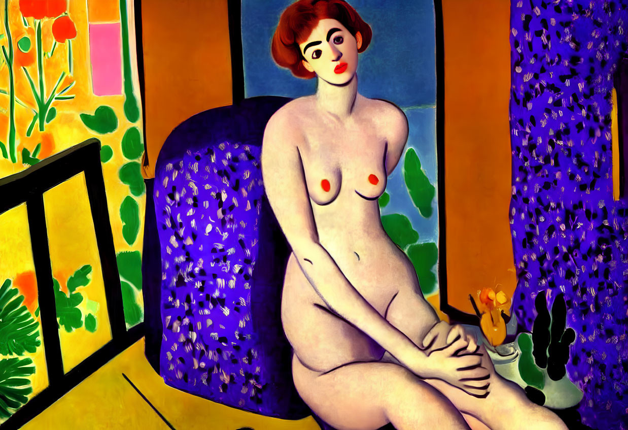 Vibrant painting of nude figure by window with landscape view