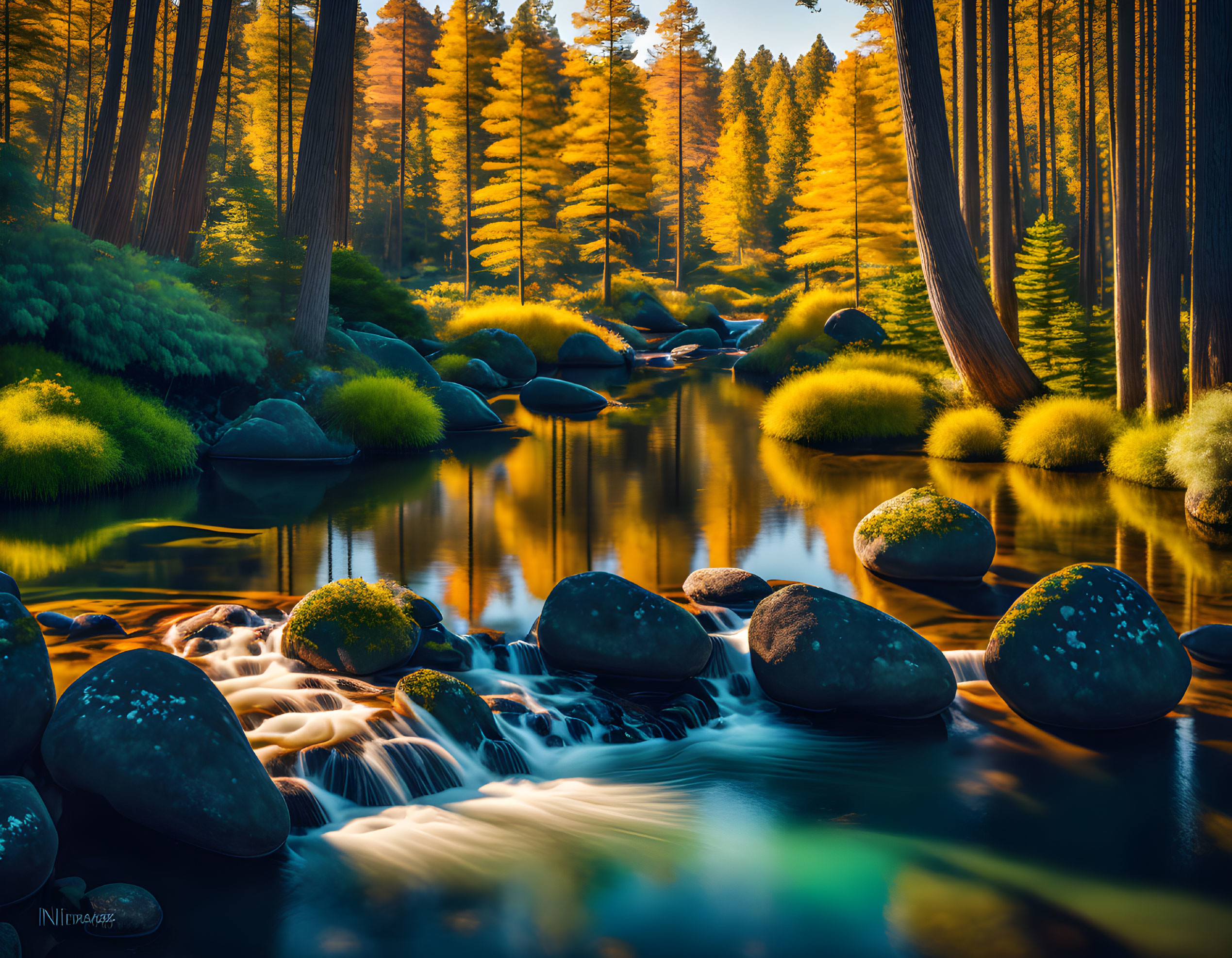 Tranquil forest stream with moss-covered rocks and golden-leafed trees