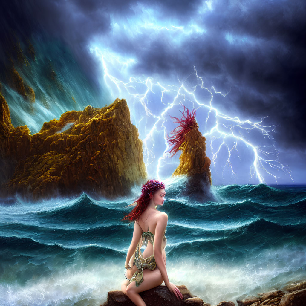 Woman sitting on rock by stormy sea with lightning and dramatic cliffs in background