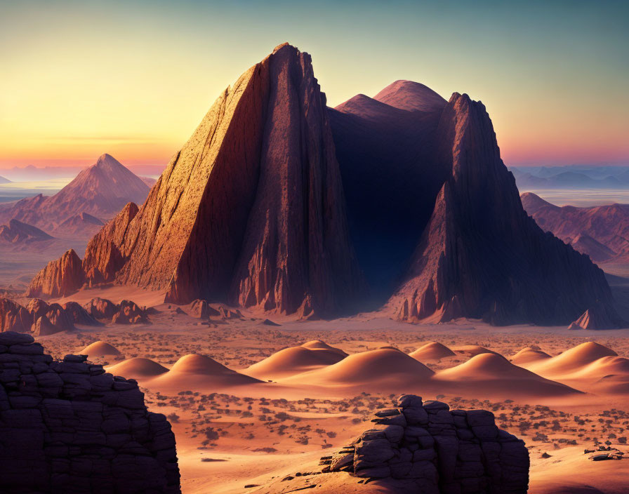 Desert Landscape with Rock Formations, Dunes, and Ruins at Sunrise or Sunset