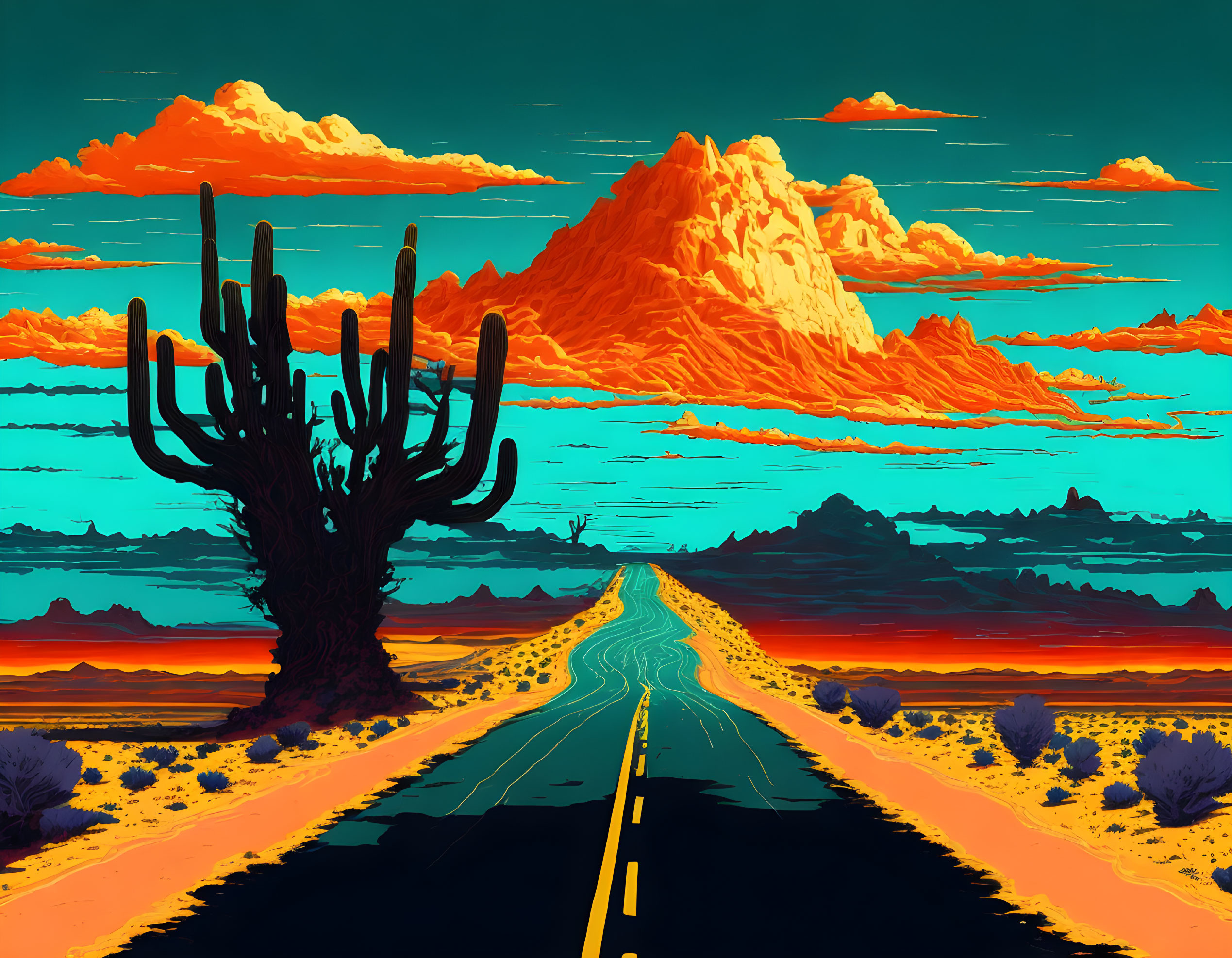 Scenic desert road with mountain, cactus, and colorful sky