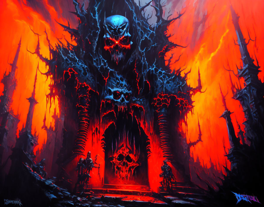 Sinister skull-faced figure in fiery red setting with eerie skeletal elements