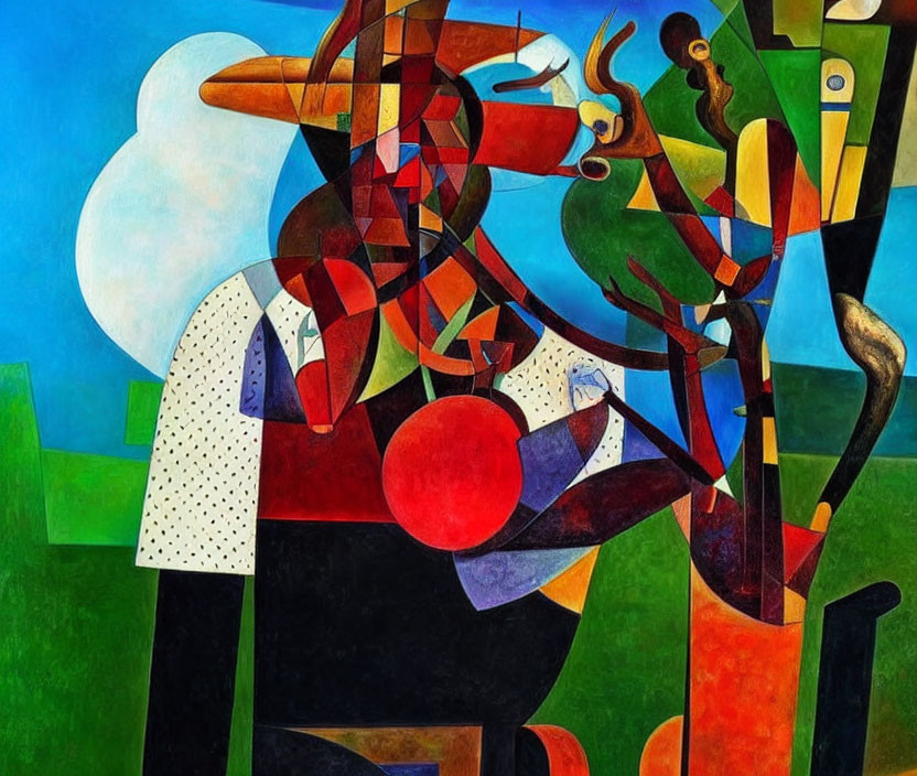 Vibrant Cubist artwork featuring abstract human forms in bold geometric shapes