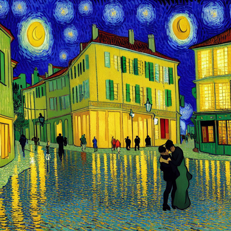 Romantic couple embracing under vibrant starry night sky