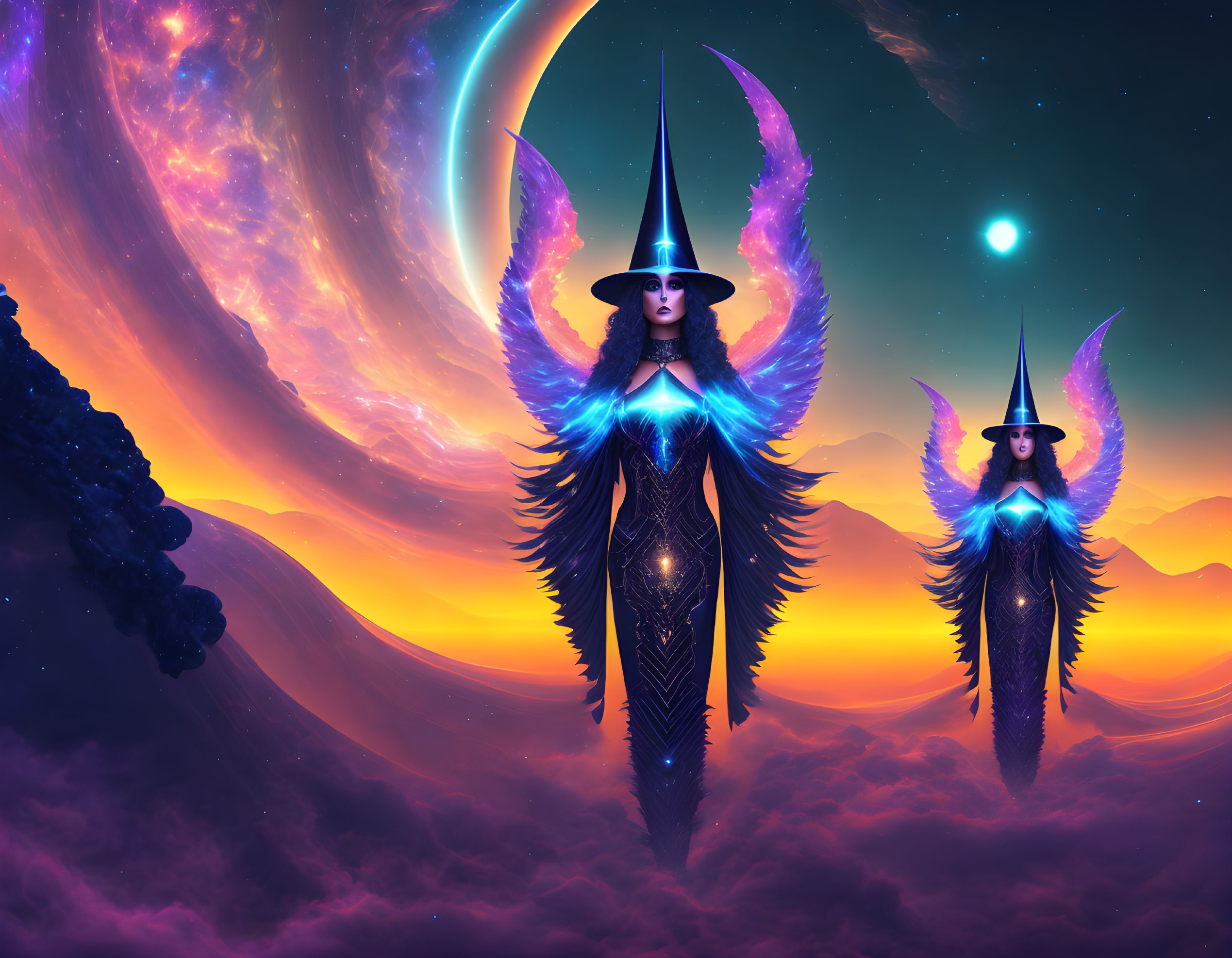 Fantasy illustration of witches with glowing wings in cosmic setting