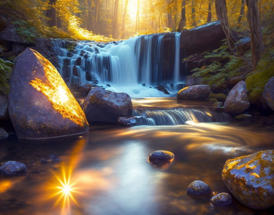 Sunlight filtering through trees onto serene waterfall in forest setting