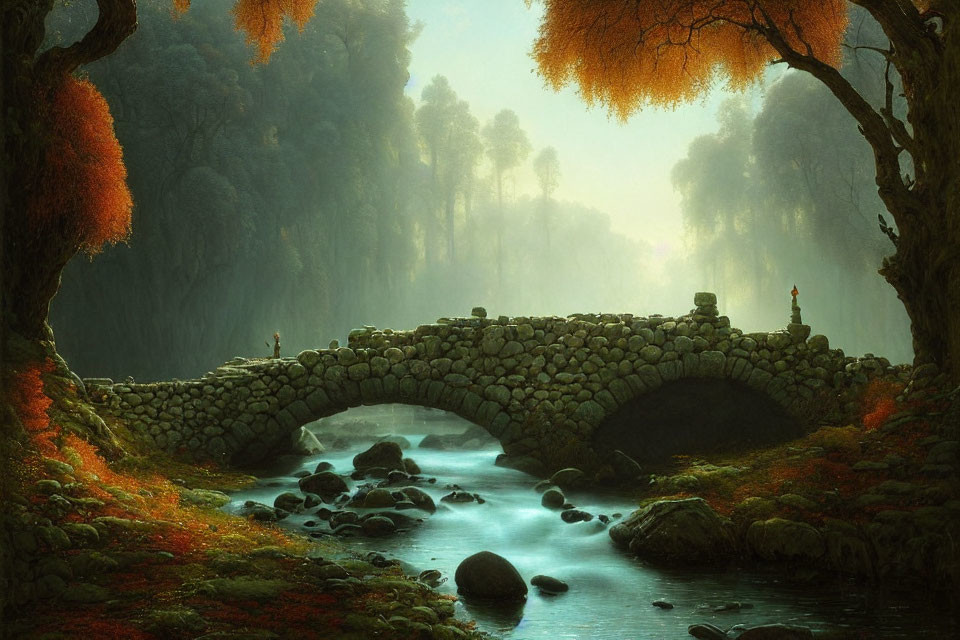 Stone bridge over stream in mystical autumn forest with person and rising mist