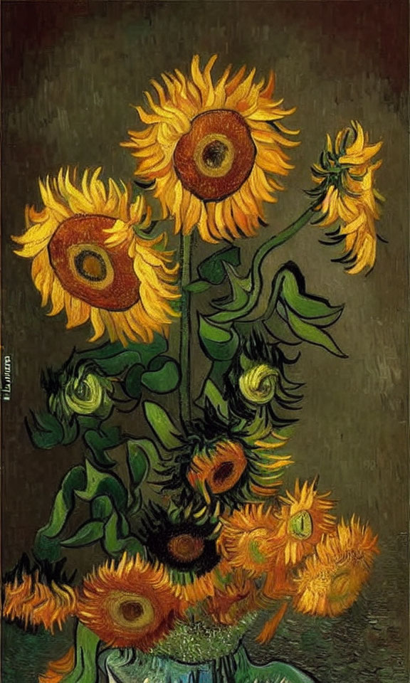 Bright Yellow Sunflowers Bouquet in Green Vase Post-Impressionist Painting