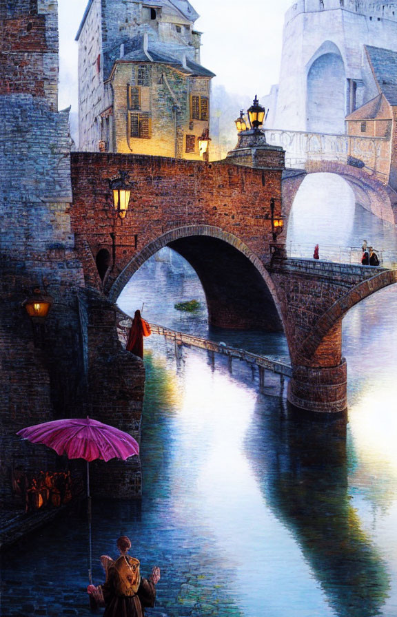 Person with umbrella walks by old stone bridge at dusk