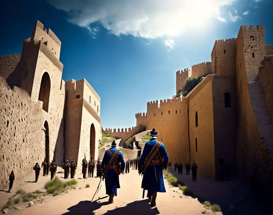 Historical military figures approaching grand fortress with soldiers under clear blue sky