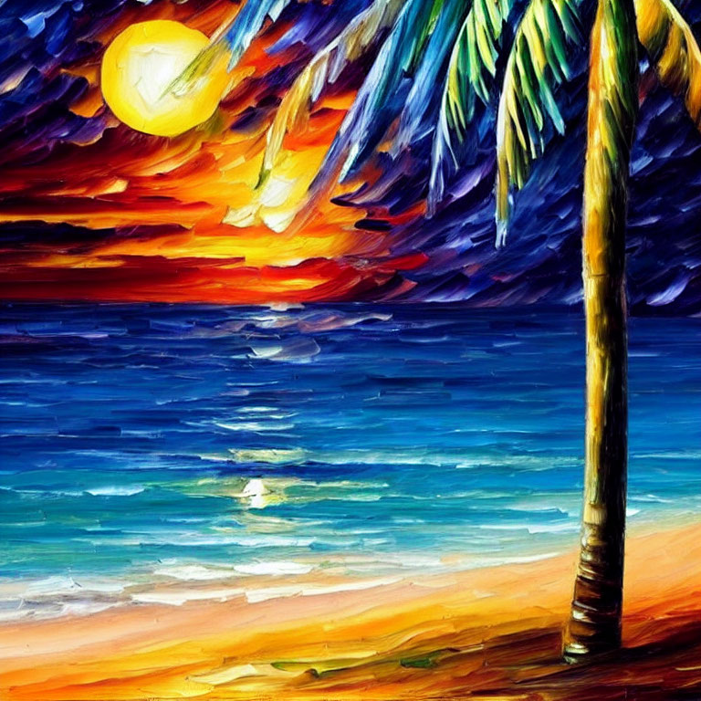 Colorful Beach Painting with Palm Tree and Sunset Sky