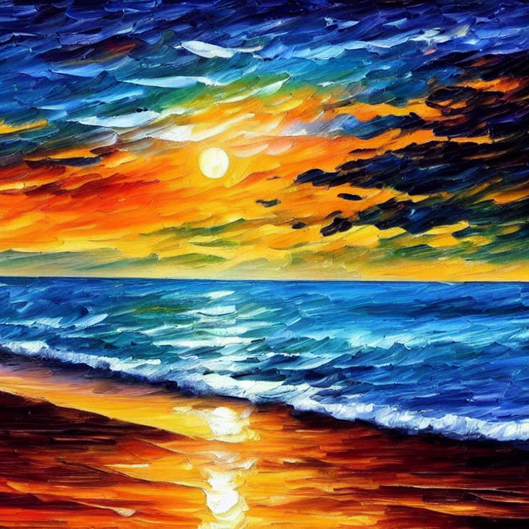 Colorful impressionistic sunset painting over ocean with orange, yellow, blue, and white streaks.