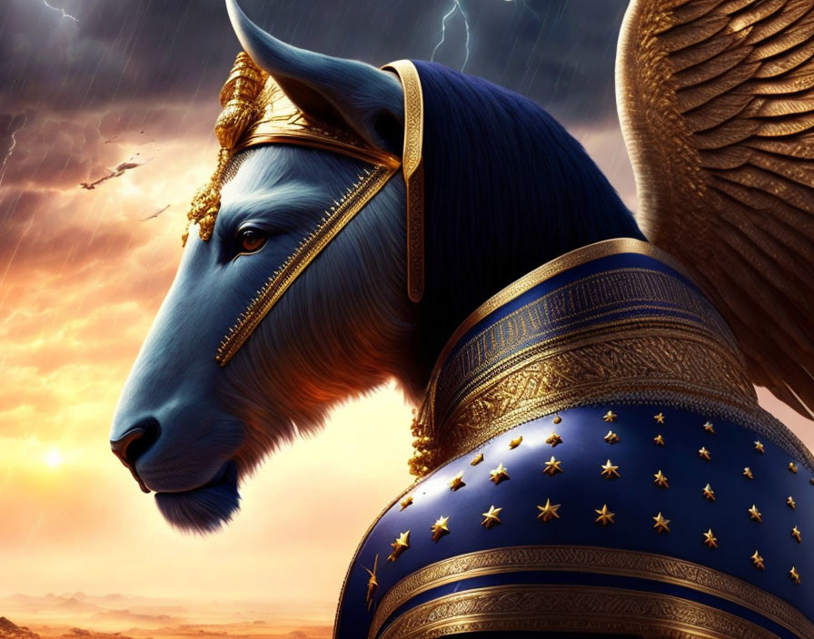 Blue bull with gold armor in dramatic sky scene