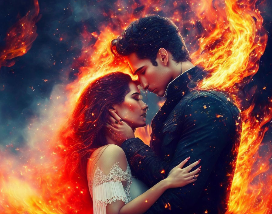 Romantic Couple Embracing with Fiery Celestial Backdrop