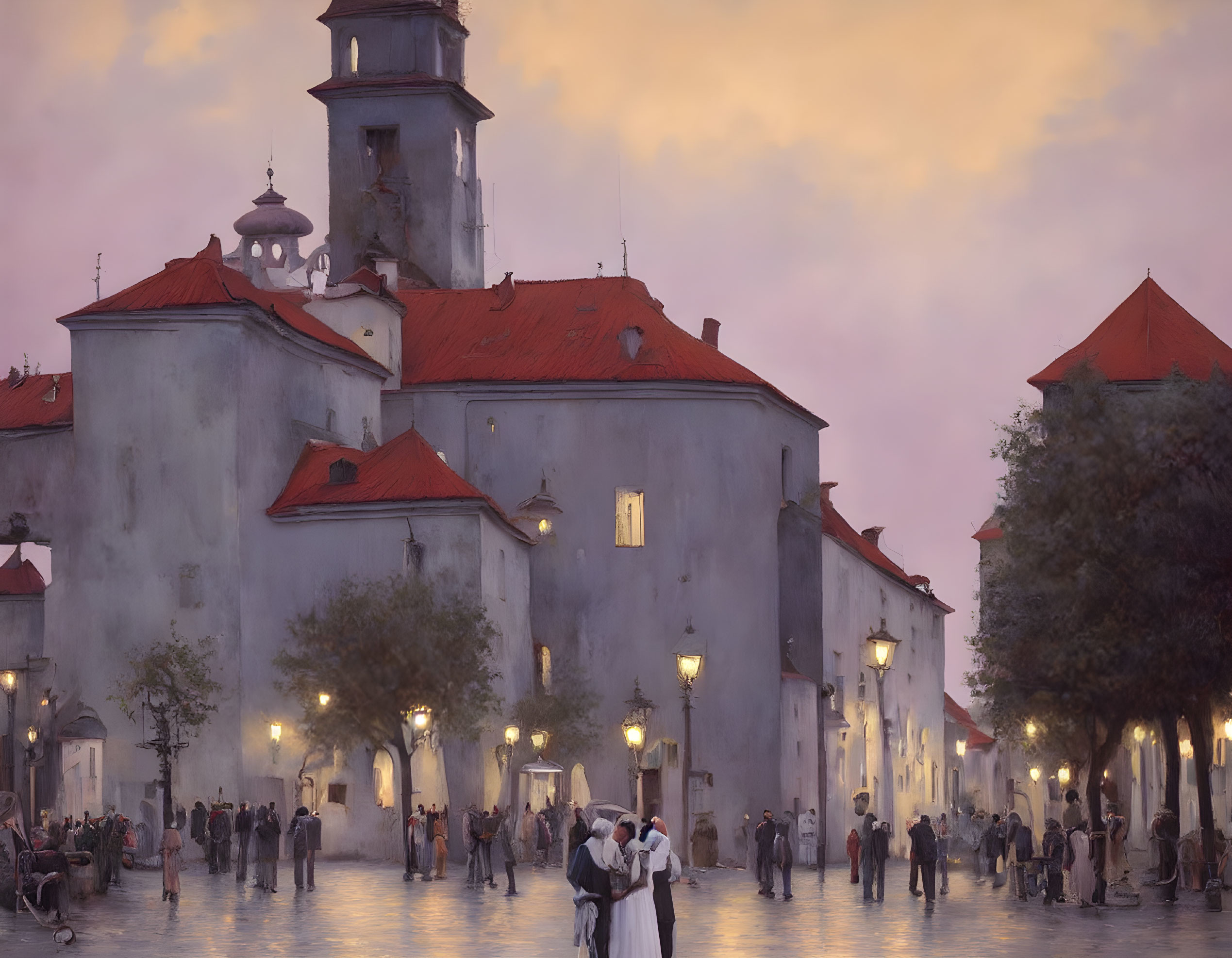 Historical Square at Twilight with People and Red-Roofed Buildings