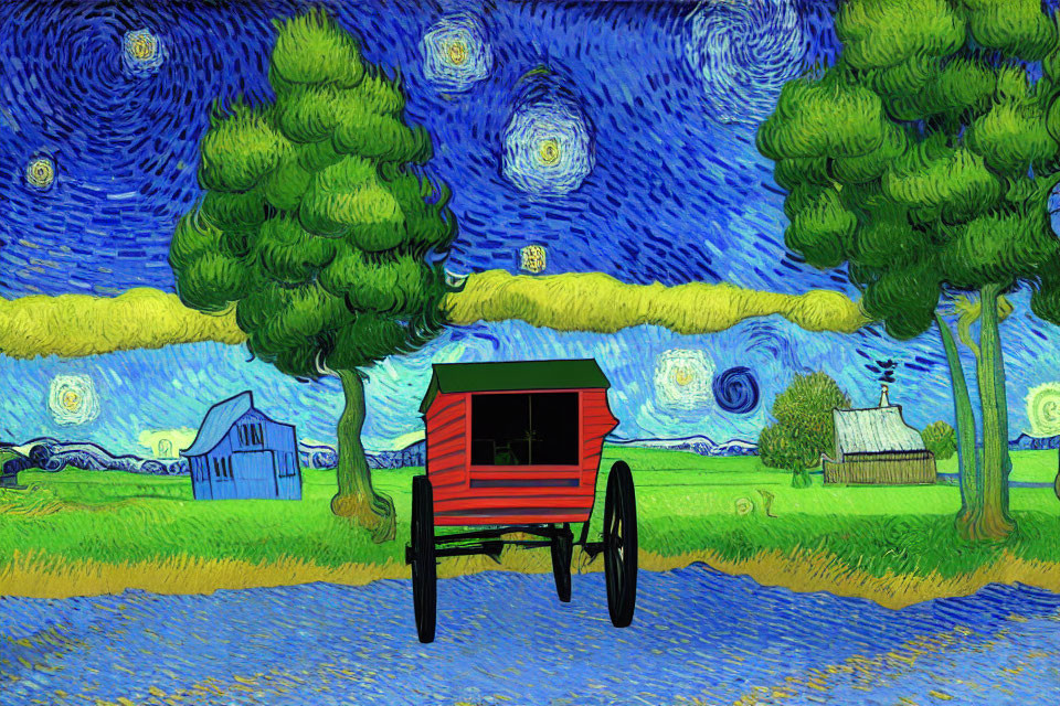 Colorful landscape with swirling sky, green trees, red wagon, and farm buildings.