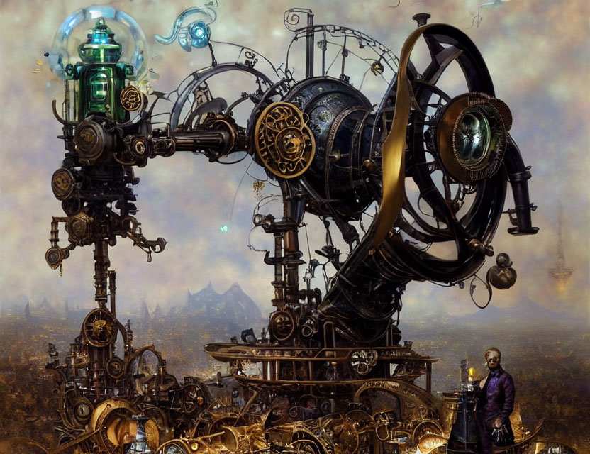 Intricate steampunk machine with glowing green chamber and person at control panels