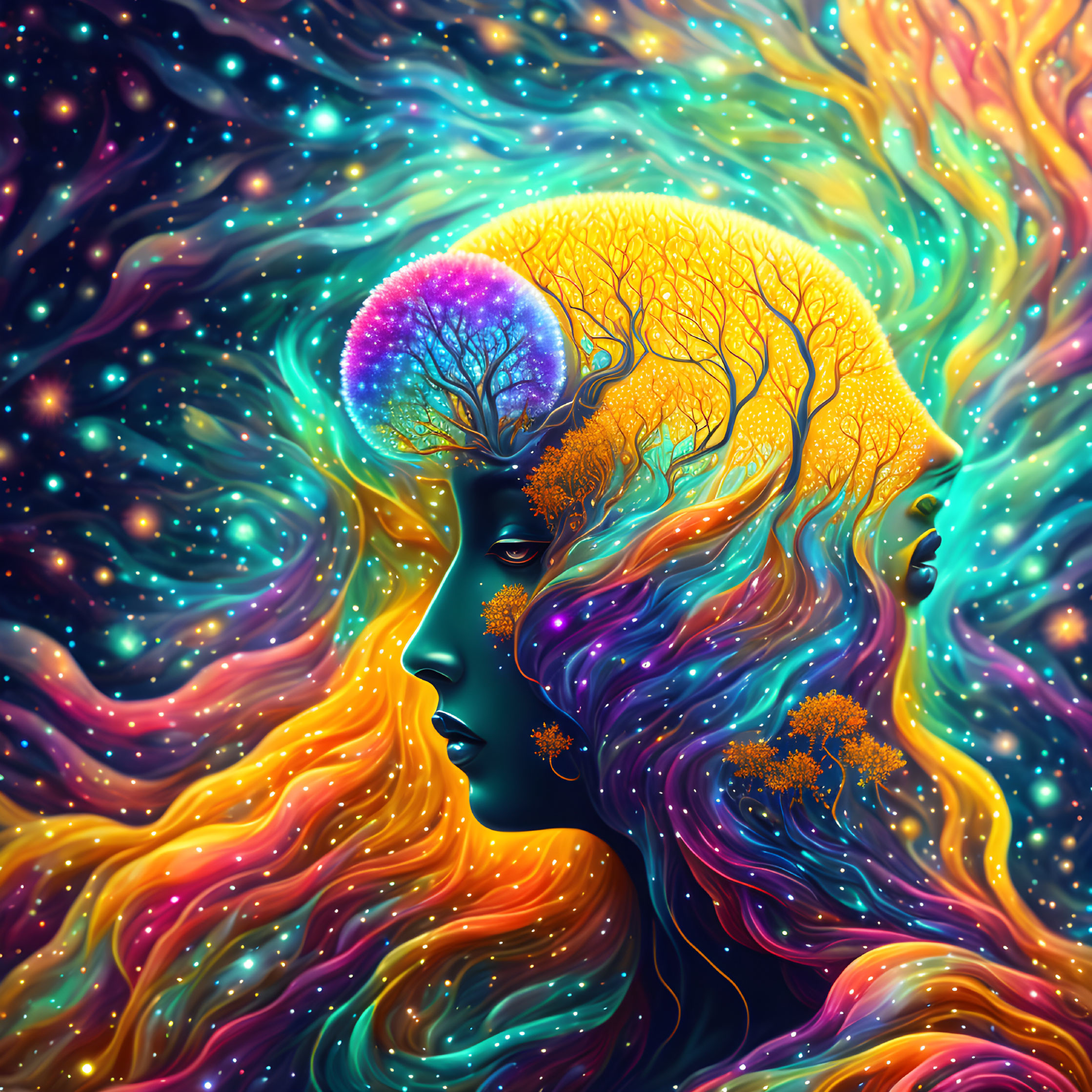 Colorful profile illustration with flowing hair and brain-shaped trees on cosmic background