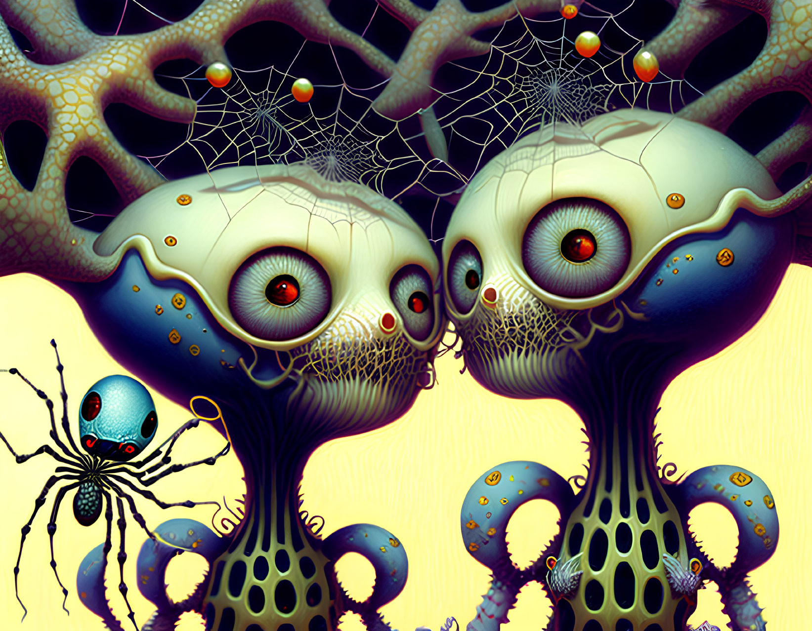 Surreal digital artwork of interconnected creatures with spider-like entity