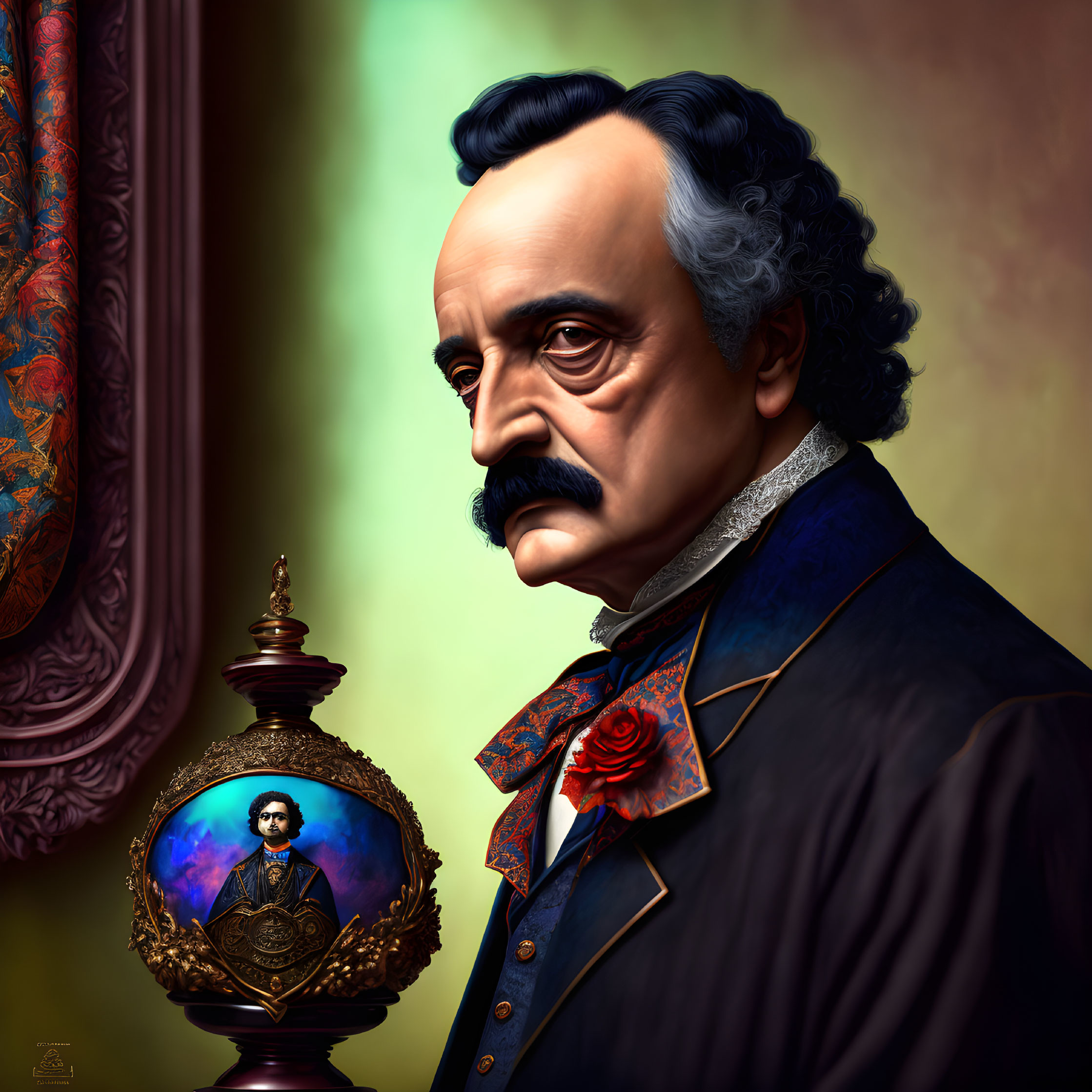 Detailed Digital Portrait of Edgar Allan Poe with Mustache and Orb