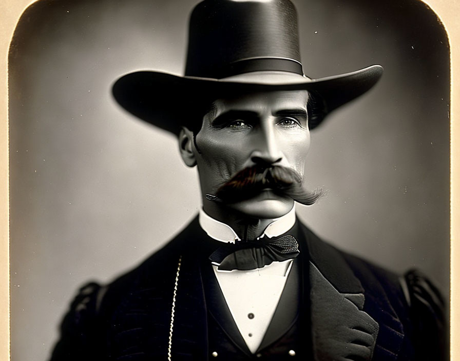 Serious man with mustache in top hat, bow tie, and coat