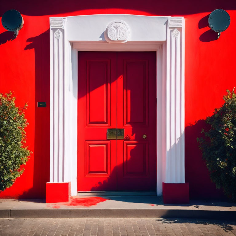 Vivid red door in red wall with white pillars and green bushes under blue sky