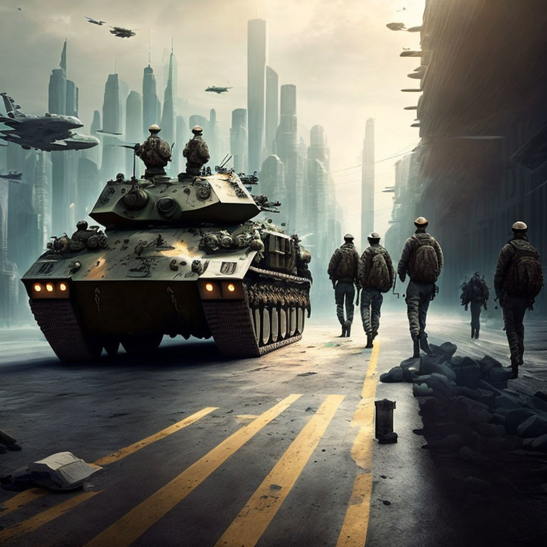 Military soldiers, tank, and airships in futuristic urban warfare scene